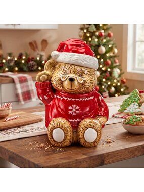 Vintage Christmas Bear Cookie Jar - 11" x 8" Holiday Decor, Festive Kitchen